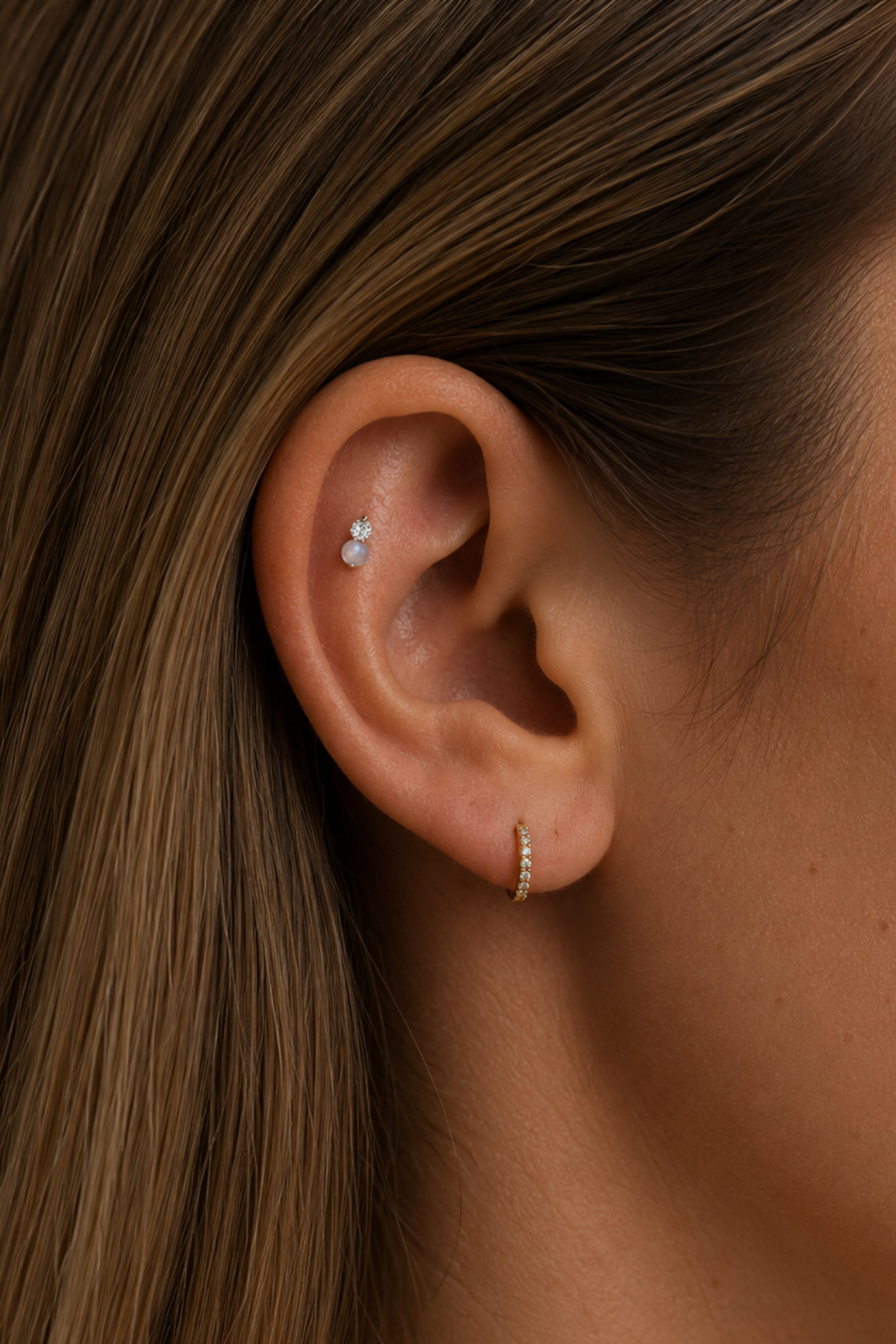 Piercing Prateado Double Moonstone em Titânio