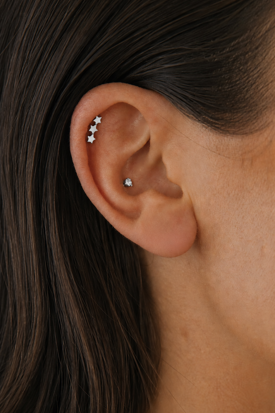Piercing Prateado Triple Star em Titânio